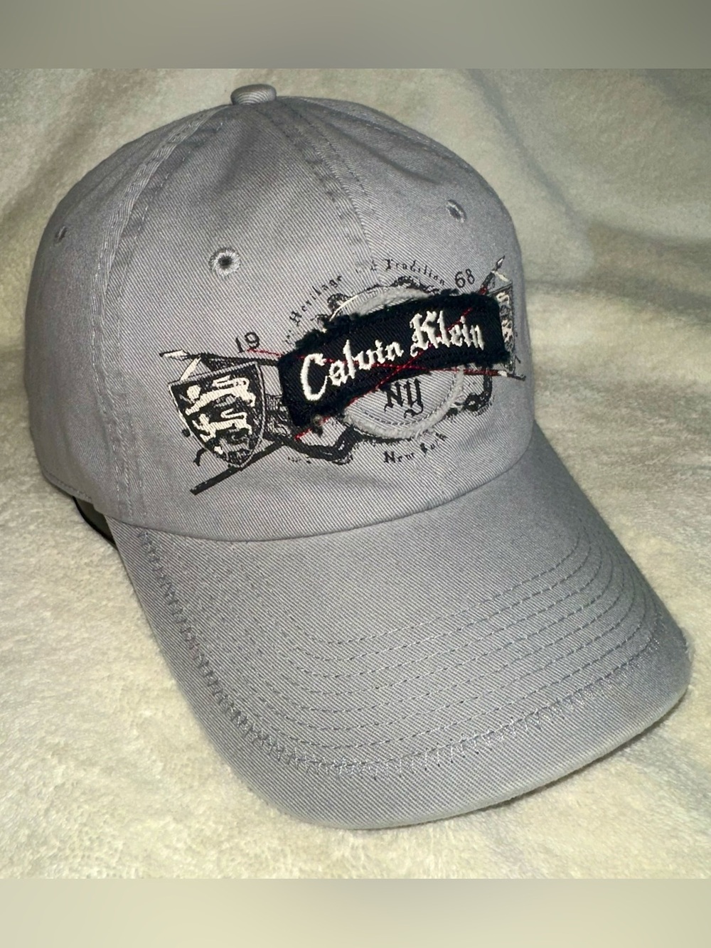 Vintage Calvin Klein Distressed Grey Hat Y2K Gothic Crest Baseball Cap Adj